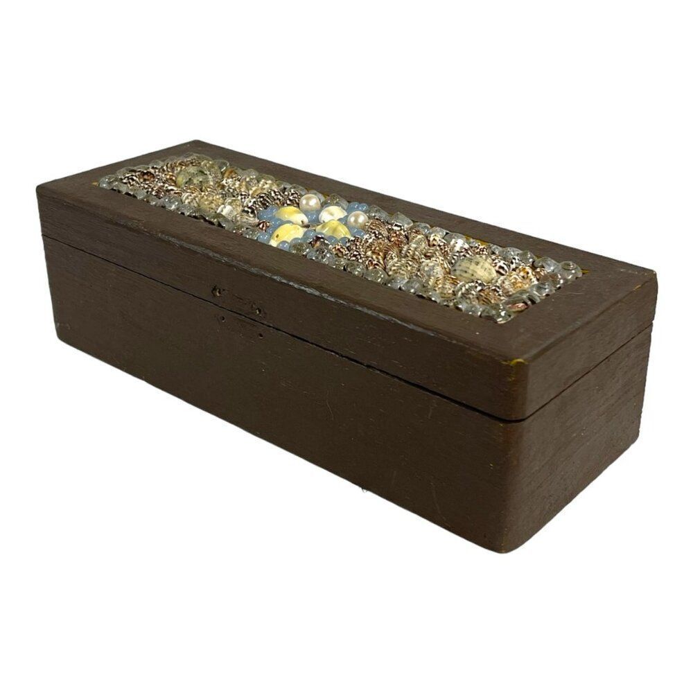 Handcrafted Sea Shell Embedded Wood Jewelry Trinket Box Vintage Dresser Long SEE